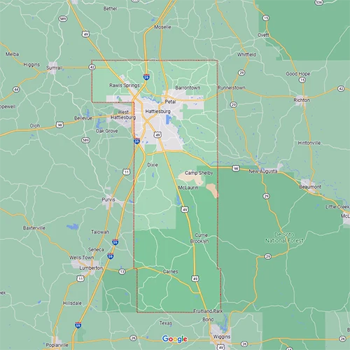 Google Maps Image of Forrest County located in Mississippi | Bennett Heating and Air LLC