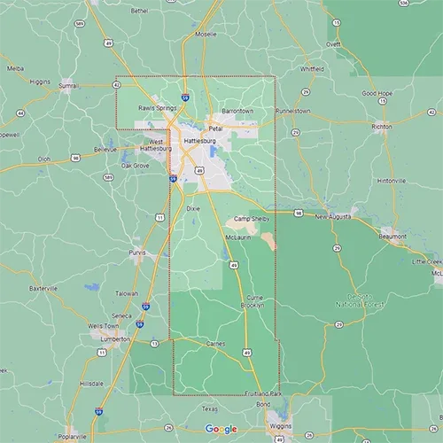 Google Maps Image of Forrest County located in Mississippi | Bennett Heating and Air LLC